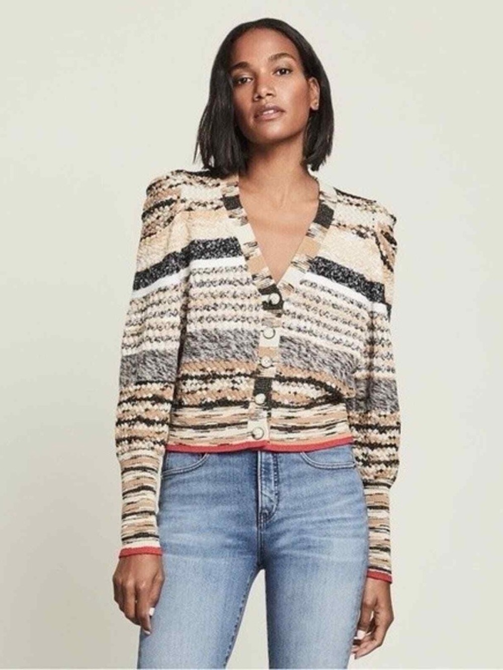Veronica Beard Striped Multicolor V-Neck Cardigan Jacket - Women